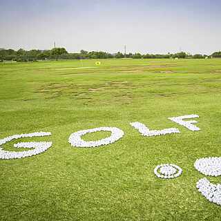 Das Wort Golf und der Robinson Papagei liegt aus Golfbällen geschrieben im Rasen